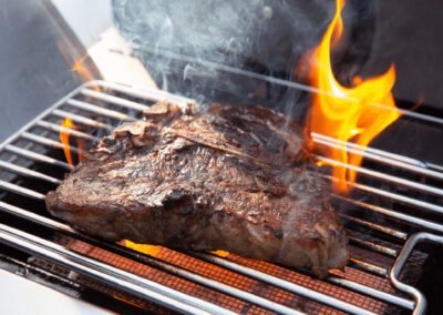 Prestige Pro665 3 Detail Infrared Side Burner Steak with Flames